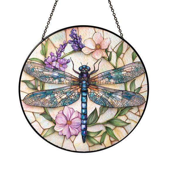 Decorative Dragonfly with Lavender Stained Glass Suncatcher, Floral Window Hanging Glass Art