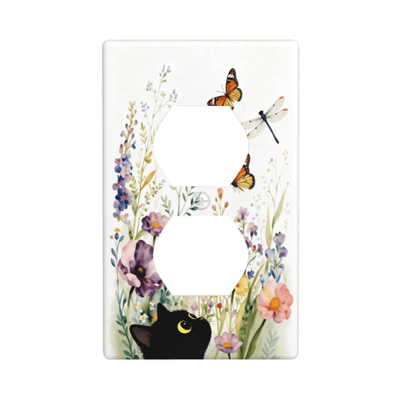 Decorative Duplex Outlet Cover Plate, Floral Wildflower Black Cat Butterfly Dragonfly Electrical Outlet Wall Plate, UV Printed Home Wall Decor