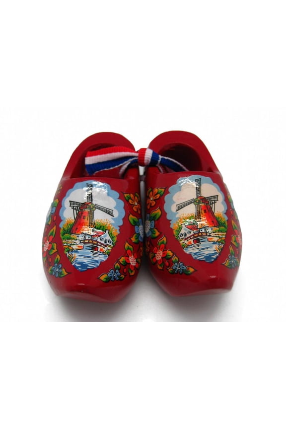 Decorative Wooden Shoe Clogs Dutch Landscape Red Design (3")