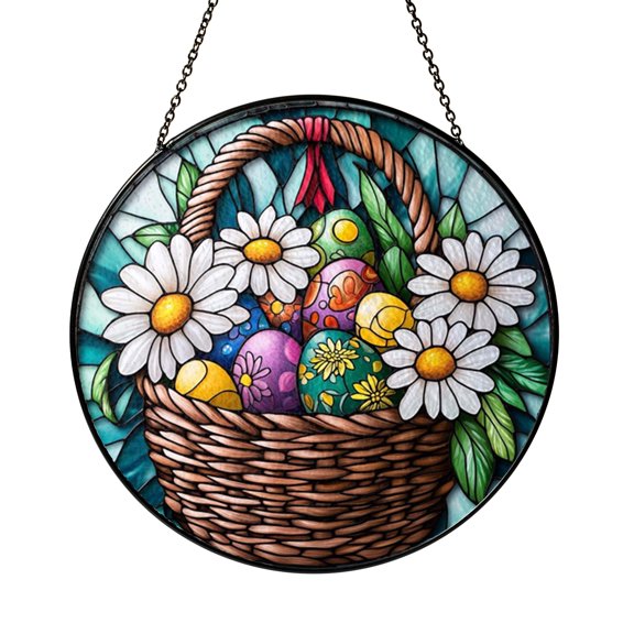 Decorative Easter Bunny Egg Basket Stained Glass Style Window Hanging Suncatcher, Spring Bunny Glass Style Art Panel for Seasonal Window Decor Ornament Gift for Easter Decor
