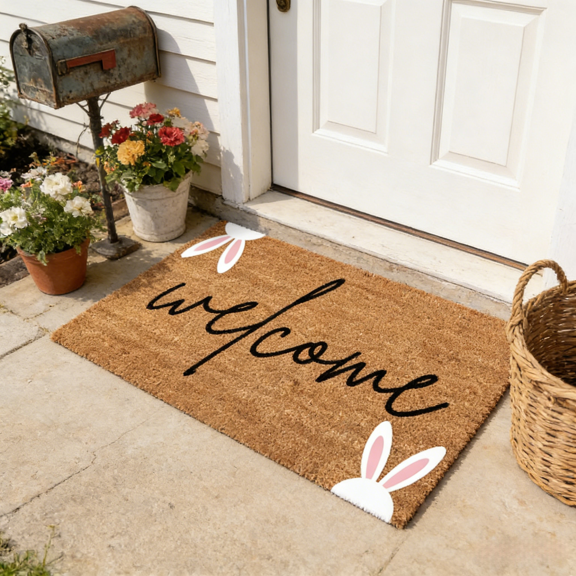 Decorative Easter Doormat with Bunny Pattern, Non-Slip Coconut Fiber Mat for Indoor Outdoor Home Decor