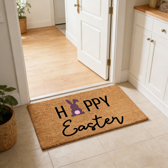 Decorative Easter Doormat with Bunny Pattern, Non-Slip Coconut Fiber Mat for Indoor Outdoor Home Decor