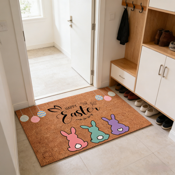 Decorative Easter Doormat with Bunny Pattern, Non-Slip Coconut Fiber Mat for Indoor Outdoor Home Decor