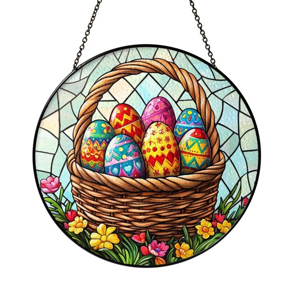 Decorative Easter Egg Basket Stained Glass Style Suncatcher Window Hanging, Spring Glass Panel Art Window Ornament Seasonal Decor