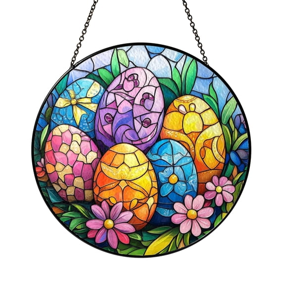 Decorative Easter Eggs Stained Glass Suncatcher Window Hanging Decor, Colorful Floral Egg Art Glass Panel with Spring Flowers and Ribbon, Festive Spring Garden Design Window Ornament for Home Gift