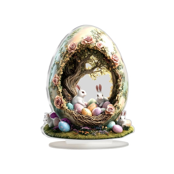 Decorative Egg Shaped Ornament with Rabbit and Tree Nest Scene Intricate Detailing and Floral Accents Suitable for Home Display and Seasonal Decoration