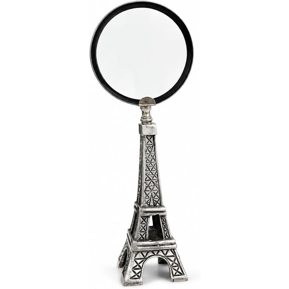 Decorative Eiffel Tower Magnifying Glass Stand, Silver Metal Base, Round Glass Lens, French Paris Theme Desktop Decor