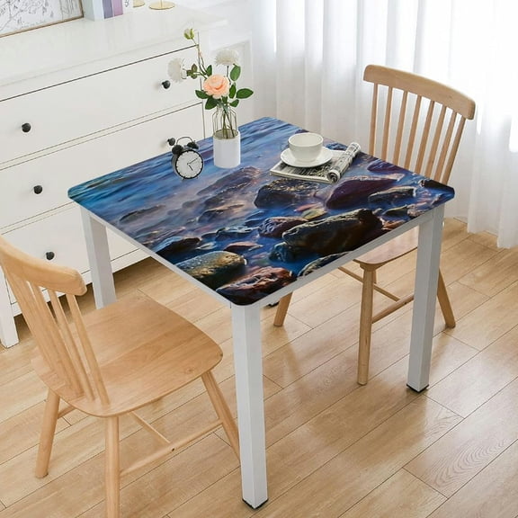 Decorative Elastic Edged Square Fitted Tablecloth, Calm Waves Polyester Indoor Outdoor Fitted Table Cover for Parties,Weddings,Kitchen Fit Square Table