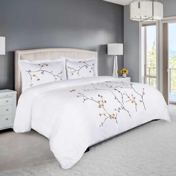 Decorative Embroidered Duvet Cover Set - Full/Queen, White