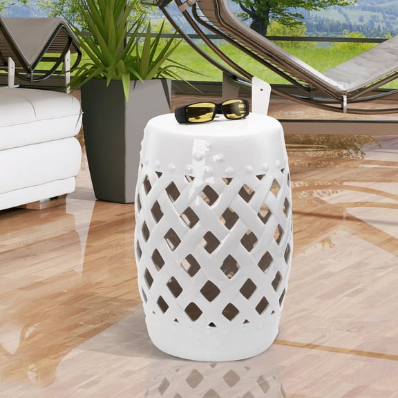 Decorative End Table with Woven Lattice Design, White Ceramic Garden Stool for Patio and Indoor Use, 13x18 Inch