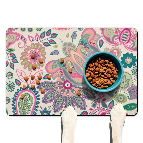 Decorative Exotic Pet Food Mat - Vibrant Paisley Artwork, Large Waterproof Placemat