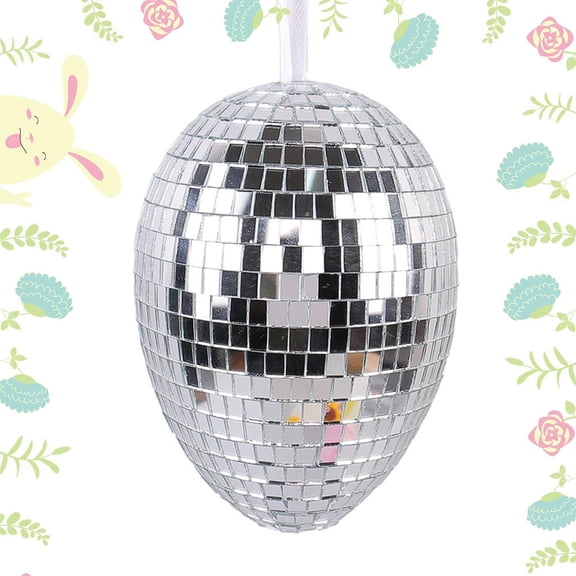 Decorative Fabric Easter Egg Ornament with Sunflower & Slivery Disco Ball Accent, Hanging Spring Party Home Decoration
