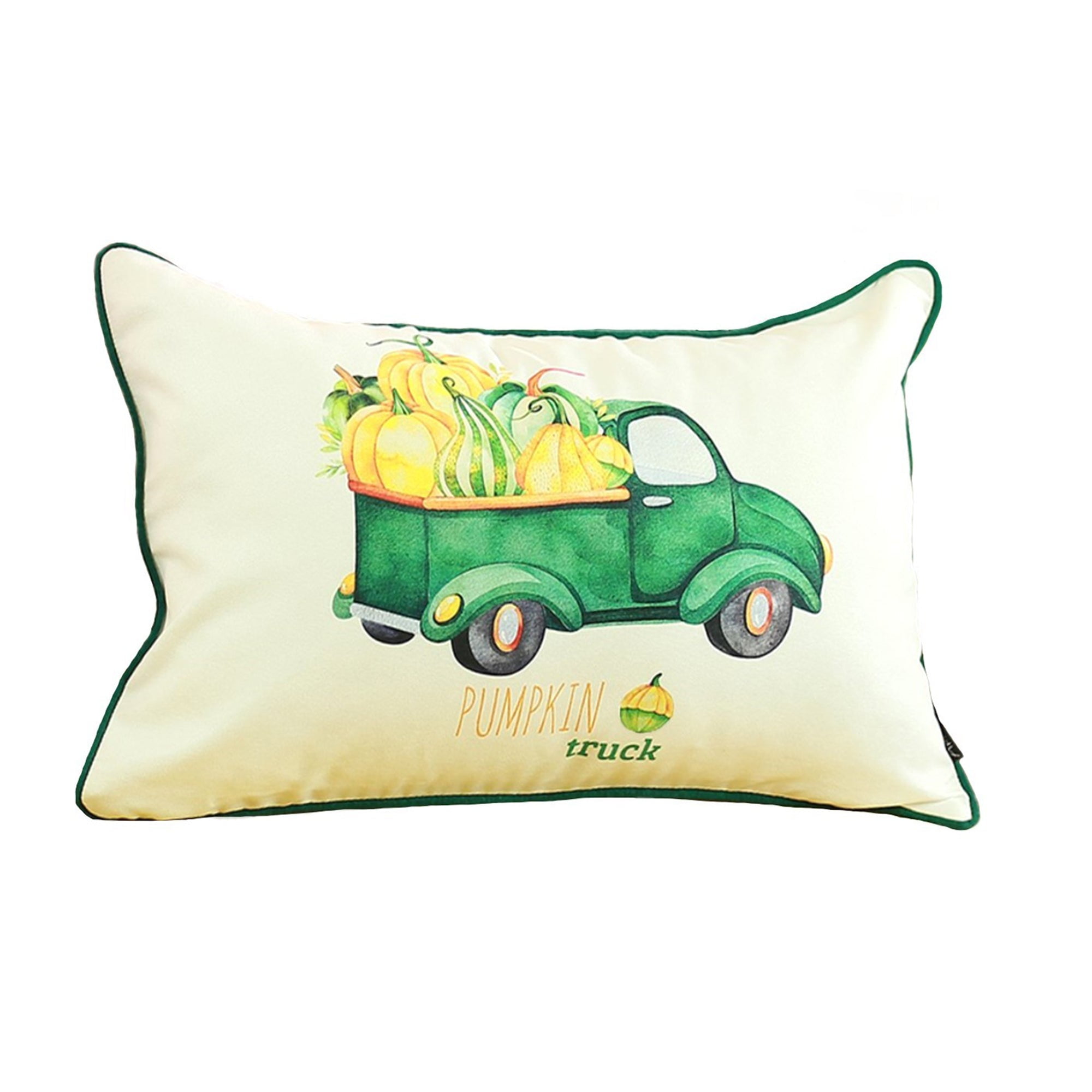 White and Green Pumpkin Truck Lumbar Pillow Cover