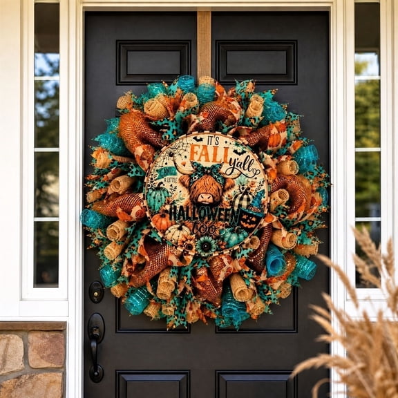Decorative Fall Wreath 18 Inch - Halloween Harvest Wreath with Mixed Mesh Ribbons - Eye-Catching Autumn Door Hanger with Funny Quote Sign