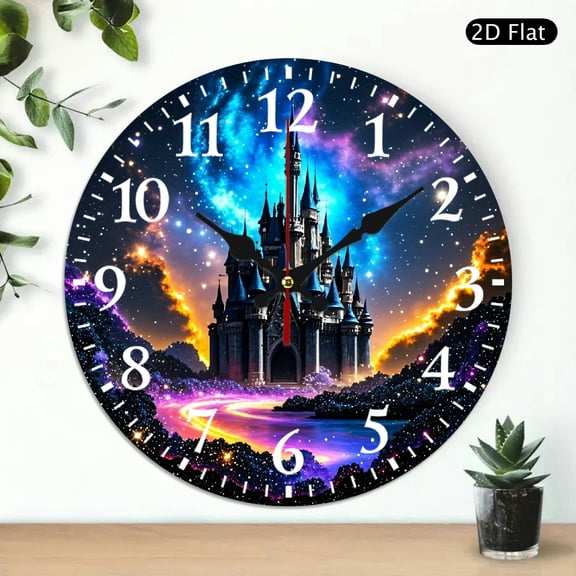 Decorative Fantasy Castle Wall Clock Galaxy Starry Night Design 10x10 Inch Round Silent Non Ticking Quartz Clock for Home Bedroom Wall Decor 1pc Battery Not Included