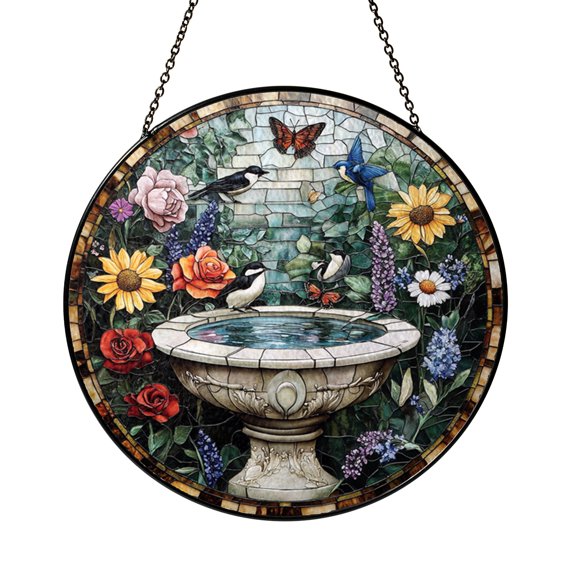 Decorative Fantasy Garden Landscape Stained Glass Style Suncatcher, Imaginary Winged Creature Art Window Hanging, Acrylic Style Window Decor for Home Interior Design and Nature Art Accent