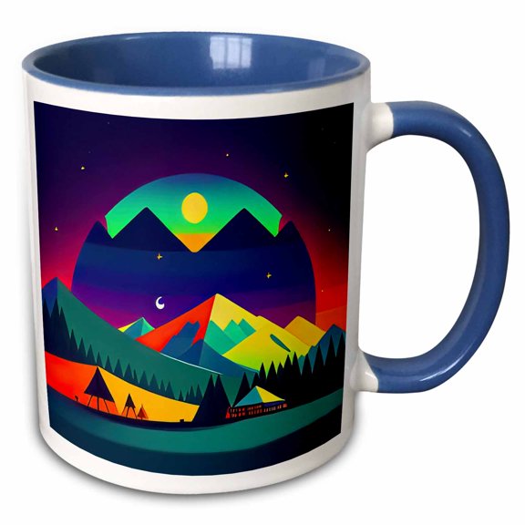3drose, Decorative Fantasy Landscape of Tents, Mountains. Happy Camper Gift, 11oz Two-tone Blue Mug