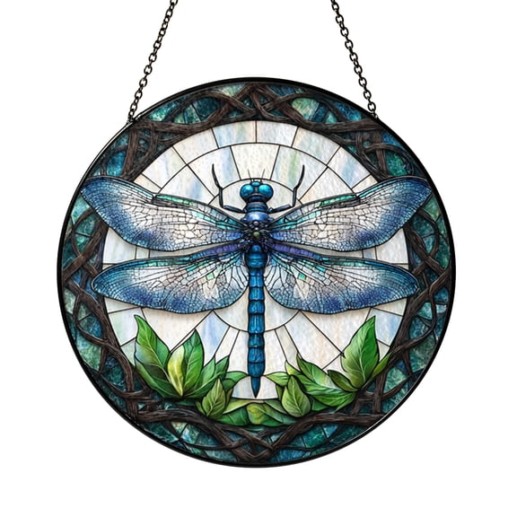 Decorative Fantasy Winged Insect Stained Glass Style Suncatcher, Imaginary Art Window Hanging, Colorful Glass Style Interior Window Decor