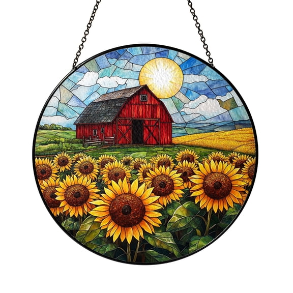 Decorative Farm Barn Stained Glass Window Hanging with Bright Sunflowers and Seasonal Rustic Style