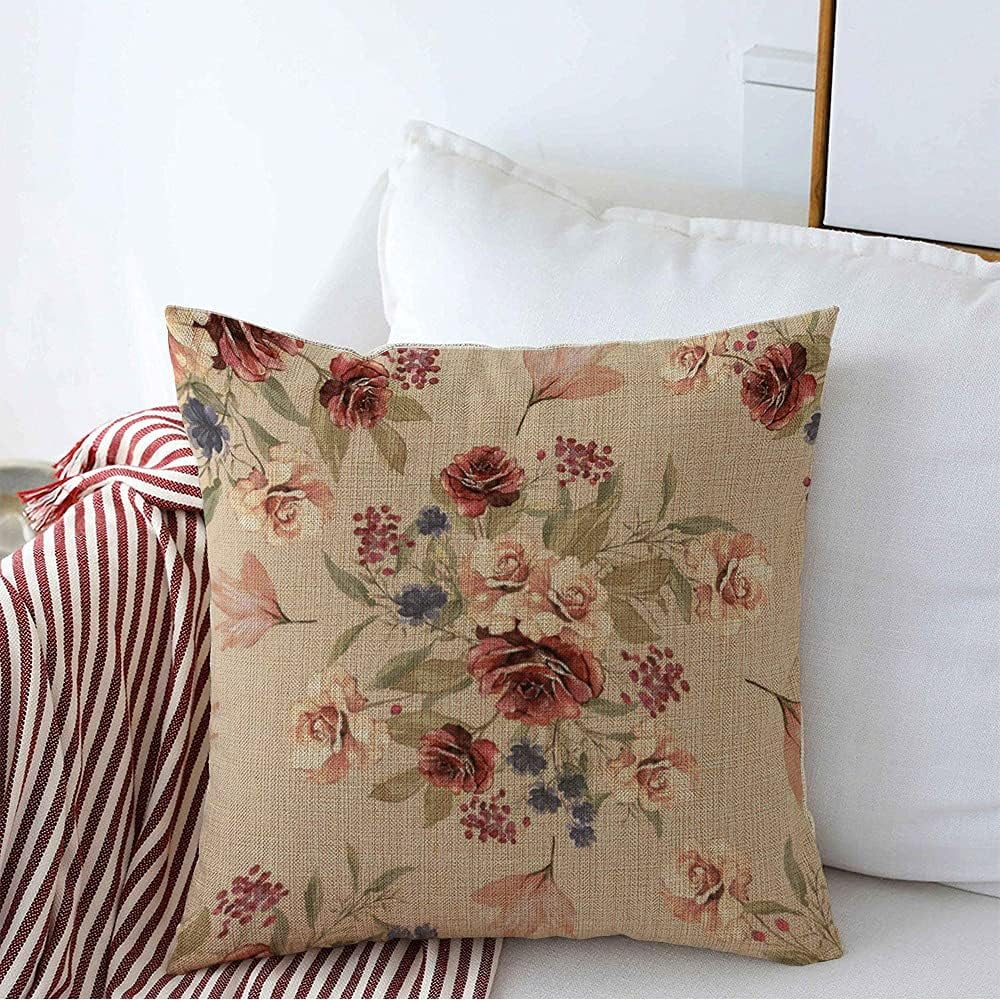 Beige and Burgundy Linen Floral 18" Square Throw Pillow Cover