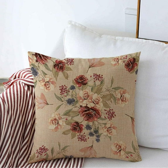 Decorative Farmhouse Square Throw Pillow Cover Linen Watercolor Botanical Flowers Leaves Floral Pattern Vintage Beige Burgundy Grass Modern Original Cushion Case for Sofa Bedroom Car 18x18 Inch