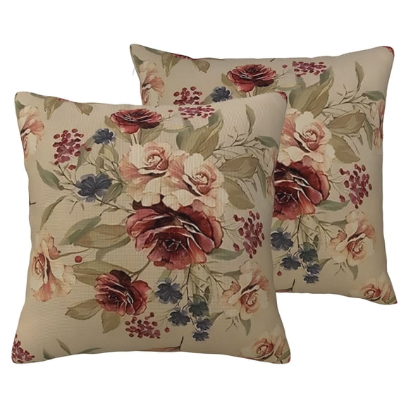 Decorative Farmhouse Square Throw Pillow Cover Linen Watercolor Botanical Flowers Leaves Floral Vintage Beige Burgundy Grass Modern Original Cushion Case for Sofa Bedroom Car 20x20 Inch Set of 2