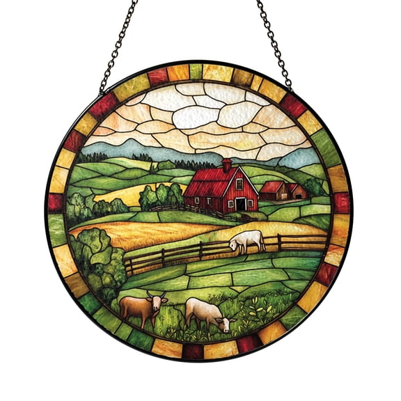 Decorative Farmhouse Stained Glass Suncatcher Window Hanging, Red Barn and Grazing Sheep Glass Panel Art, Countryside Rural Landscape Window Decor, Rustic Farm Sun Catcher Ornament for Home Window