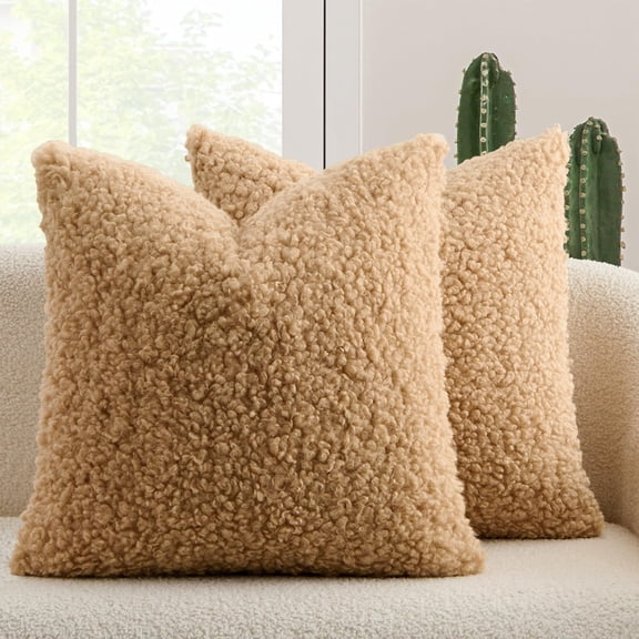 Faux Fur Sherpa Pillow Covers 20x20 Camel – Set of 2 Soft Fuzzy Accent Throw Pillowcases for Couch, Sofa, Bed