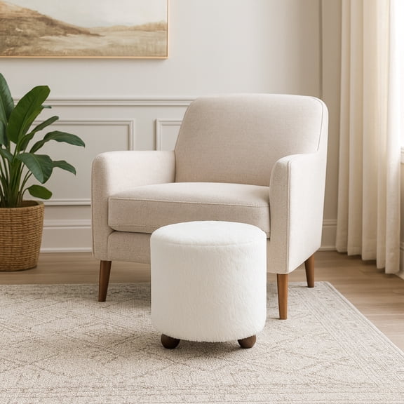 Sagebrook Home Faux Fur Round Ottoman Footstool for Bedroom Dcor - Round Stool with Ball Feet for Vanity, Office, and Living Room Dcor - 18", White