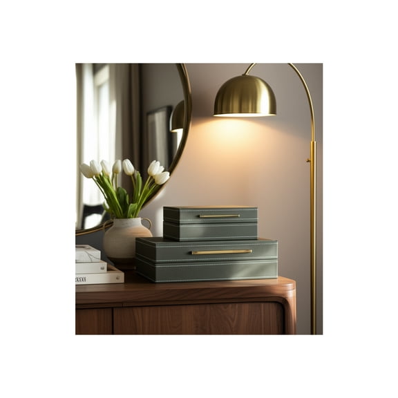 Decorative Faux Leather Boxes with Stitched Edge for Home Decor - Elgant Storage Boxes for Jewelry, Keepsake, or Shelf Decor - Home Organizer Box for Living Room or Office - Set of 2, 4", Green