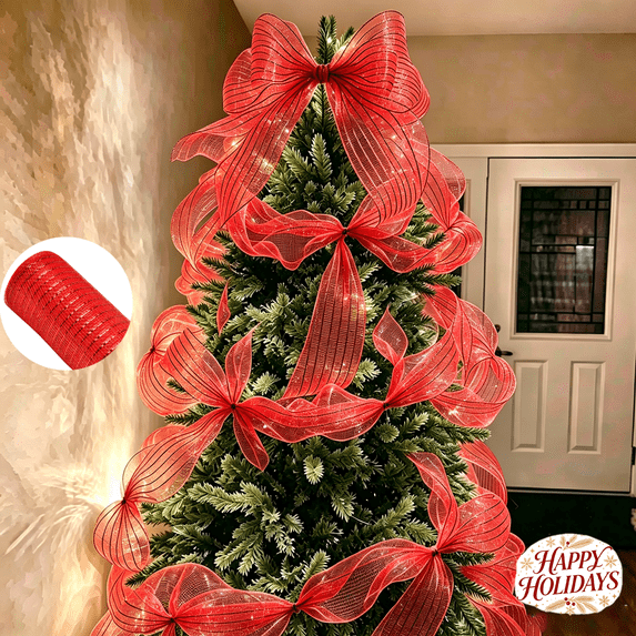 Decorative Festive Christmas Mesh Ribbon Roll 10 Yards x 10.24 Inch Wired Edge Sheer Tulle Bow for Xmas Tree Wreath Gift Wrapping Holiday Party Home Decorations DIY Crafting Supply
