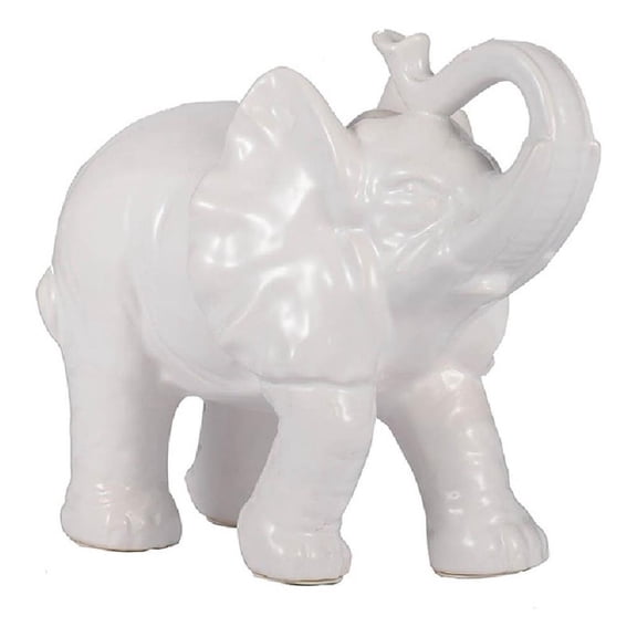 Decorative Figurine- 9 Inch Trumpeting Elephant- Glazed White Dolomite