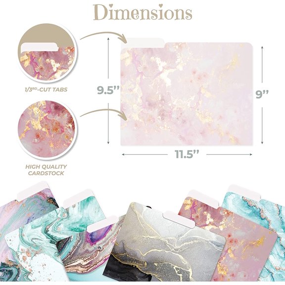 Decorative File Folders, 12 Pack, 6 Designs, Heavyweight, Letter Size (9.5" x 11.5") with 1/3 Cut Tab, Marble Designs, Fashion Folders