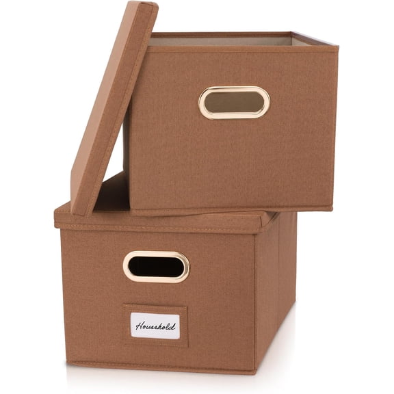 Decorative File Organizer Box - Collapsible Linen Filing Cabinets w/Handles Are Perfect to Store all Your Documents & Hanging File Folders - Portable Easy Slide Crates with Lid