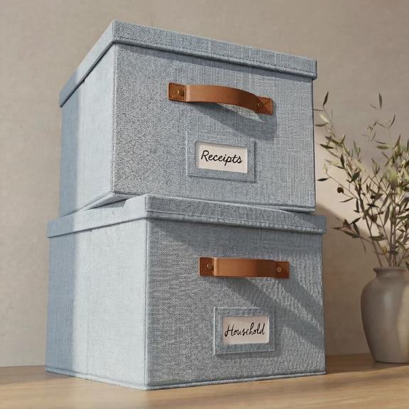 Decorative File Organizer Box Set of 2 - Collapsible Linen Filing Cabinets with Handles Are Perfect to Store All Your Documents & Hanging File Folders - Portable Easy Slide Office Crates with Lid