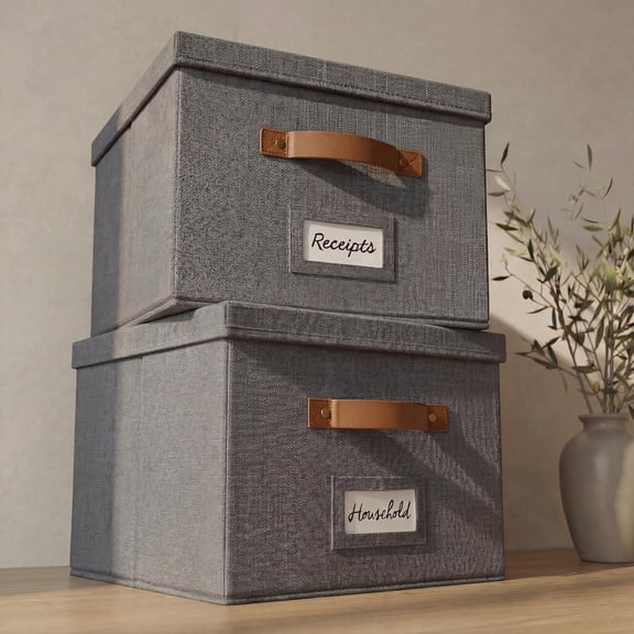 Decorative File Organizer Box Set of 2 - Collapsible Linen Filing Cabinets with Handles Are Perfect to Store All Your Documents & Hanging File Folders - Portable Easy Slide Office Crates with Lid