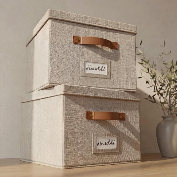 Decorative File Organizer Box Set of 2 - Collapsible Linen Filing Cabinets with Handles Are Perfect to Store All Your Documents & Hanging File Folders - Portable Easy Slide Office Crates with Lid