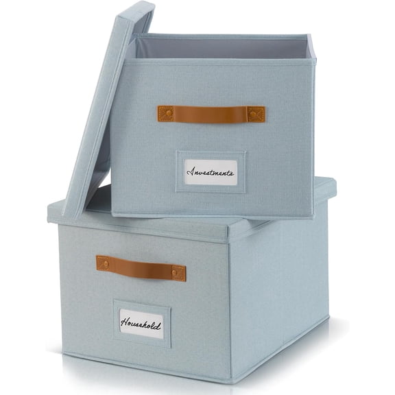 Decorative File Organizer Box Set of 2 - Collapsible Linen Filing Cabinets w/Handles Are Perfect to Store all Your Documents & Hanging File Folders - Portable Easy Slide Crates with Lid