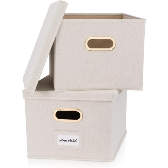 Decorative File Organizer Box Set of 2 - Collapsible Linen Filing Cabinets w/Handles Are Perfect to Store all Your Documents & Hanging File Folders - Portable Easy Slide Crates with Lid