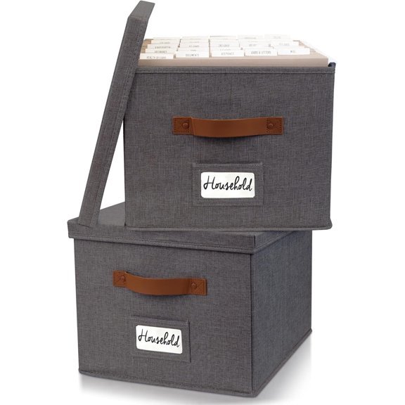 Collapsible File Organizer Box Set of 2, Linen Document Storage with Handles Lid, Portable Filing Cabinet for Office Home