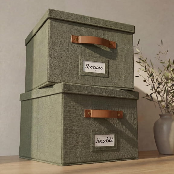 Decorative File Organizer Box Set of 2 - Collapsible Linen Filing Cabinets w/Handles Are Perfect to Store all Your Documents & Hanging File Folders - Portable Easy Slide Crates with Lid