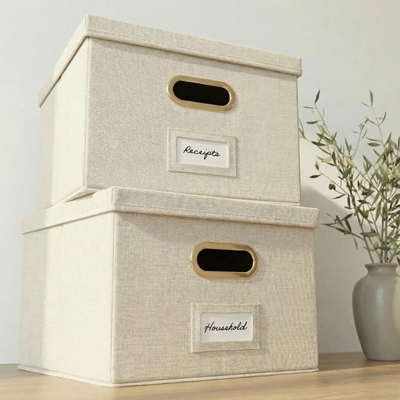 Decorative File Organizer Box Set of 2 - Collapsible Linen Filing Cabinets w/Handles Are Perfect to Store all Your Documents & Hanging Folders Portable Easy Slide Crates with Lid