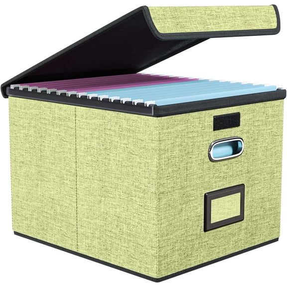 Decorative File Organizer Storage Box with Lid, Linen Hanging Filing & Storage Box with Plastic Slide for Office/Decor/Home, Universal Hanging Filing Organization Box for Letter/Legal Folder