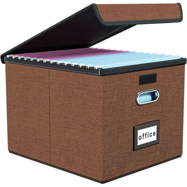 Decorative File Storage Organizer Box with Lid, Portable Collapsible Linen  Hanging Filing & Storage Boxes for Office/Decor/Home (Dark Brown) - 14.9 x