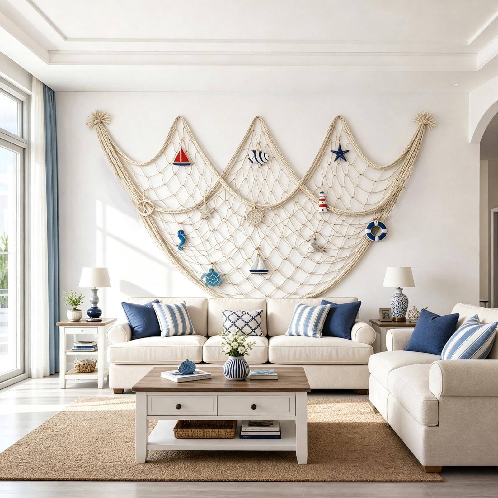 Fish Net Backdrop Decorative Fishing Net Nautical Wall Hanging Handwoven Marine Ornaments ...