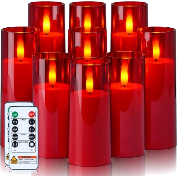 Decorative Flameless Candles, Battery Operated Candles with Remote & Timer, Flickering Led Pillar Candles, Plexiglass, Red, Pack of 9, D2.2 xH 5" 6" 7"