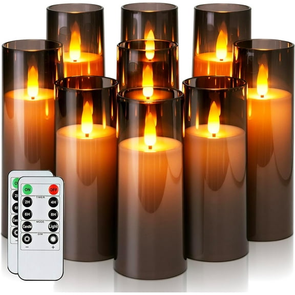 Decorative Flameless Candles, Battery Operated Candles with Remote & Timer, Flickering Led Pillar Plexiglass, Grey, Pack of 9, D2.2 xH 5" 6" 7"