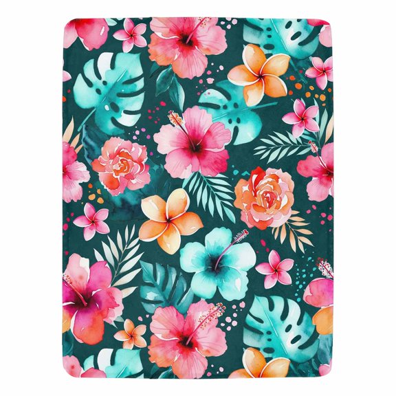 Decorative Flannel Throw Blanket 50"x60" - Bright Tropical Hibiscus Floral Coastal Island Garden Pattern Print Soft Lightweight Throw - Home Decor for Living Room Sofa Lounging