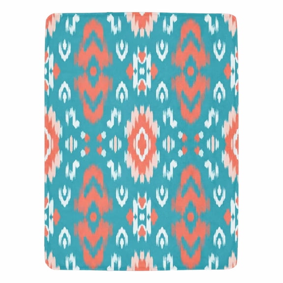 Decorative Flannel Throw Blanket 50"x60" - Teal Coral Ikat Seamless Pattern Boho Tribal Southwestern Design Print Soft Lightweight Throw - Home Decor for Living Room Sofa Lounging