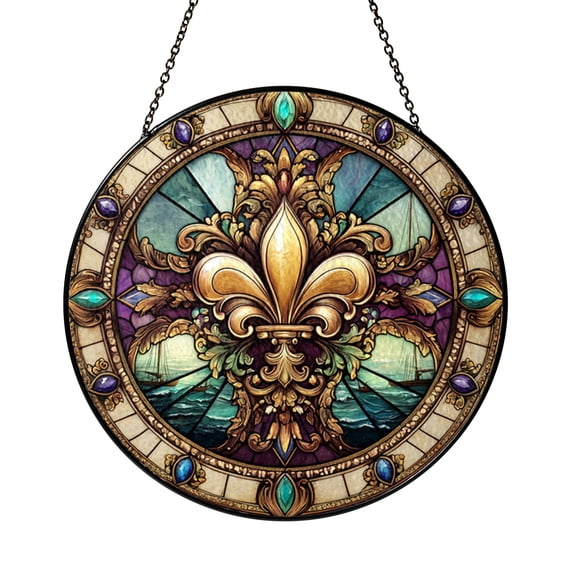 Decorative Fleur de Lis Window Panel with Stained Glass Effect, Bold Color Window Art